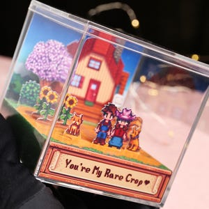 Puede incluir: Una caja de acr&iacute;lico transparente que presenta una escena de diorama pixelada con una casa de techo rojo, personajes y el texto "You're My Rare Crop". La escena incluye girasoles, &aacute;rboles y un perro. La caja es sostenida por una mano enguantada.