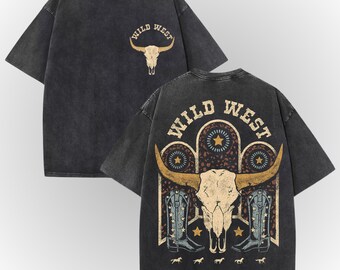 Wild West Graphic Tee, Vintage Cowboy Shirt, Acid Wash Oversized Western T-Shirt, Retro Longhorn Skull Tee, Country Rodeo Top