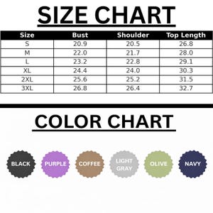 The image is a size chart and color chart for clothing items. The size chart displays the bust, shoulder, and top length measurements for different sizes, while the color chart shows the corresponding color labels for each size.