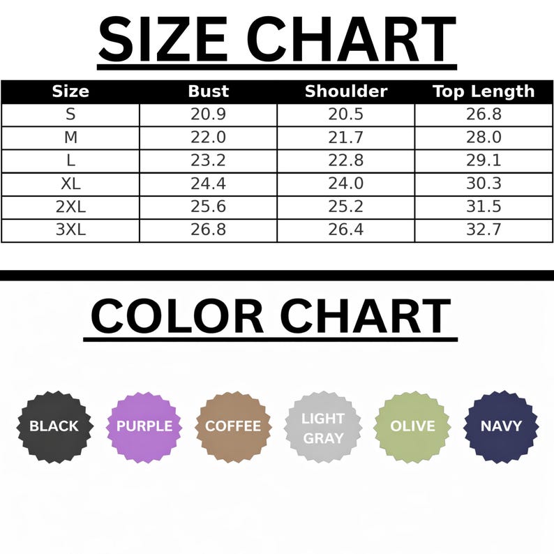 The image is a size chart and color chart for clothing items. The size chart displays the bust, shoulder, and top length measurements for different sizes, while the color chart shows the corresponding color labels for each size.