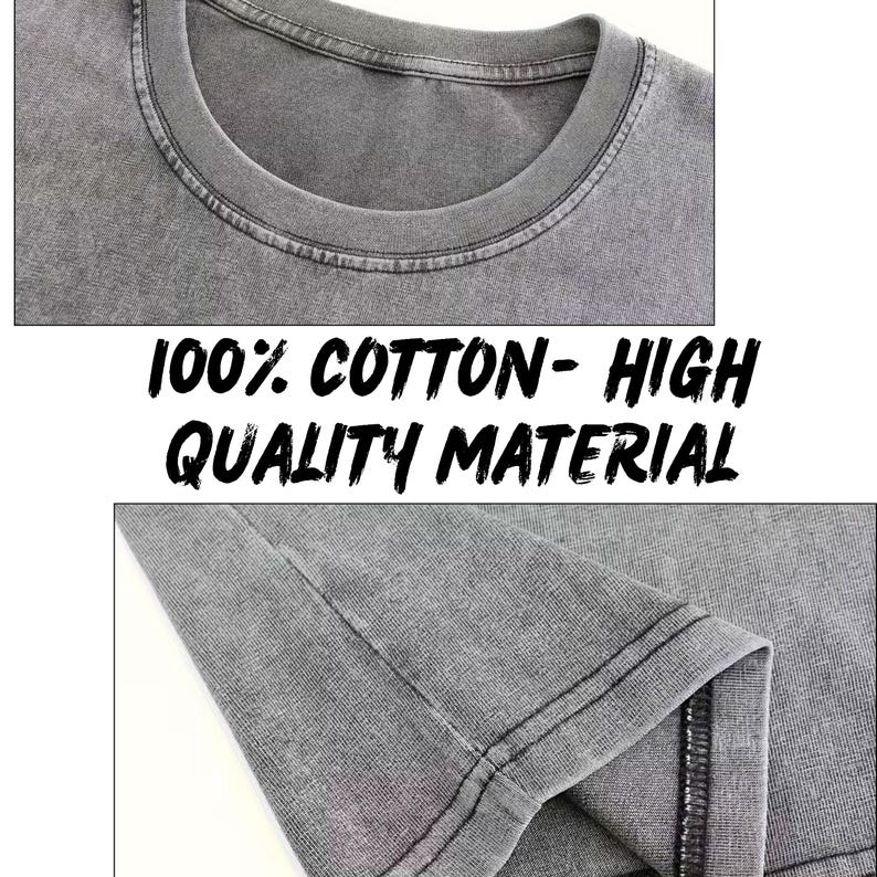 The image is a collage of two close-up photos of a gray cotton t-shirt, with text overlaid stating "100% Cotton-High Quality Material".