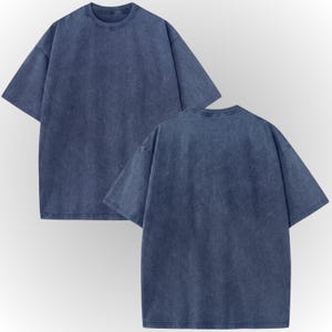 a pair of blue t-shirts, one front and one back, against a white background.