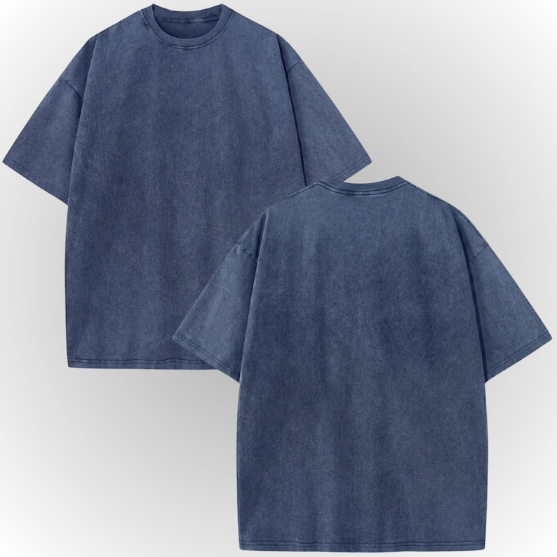 a pair of blue t-shirts, one front and one back, against a white background.
