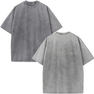 two gray t-shirts, one front and one back, against a white background.