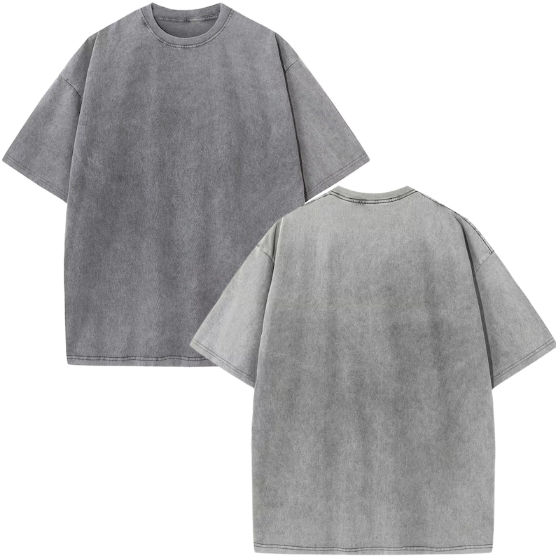 two gray t-shirts, one front and one back, against a white background.