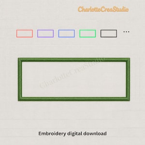 May include: An embroidery digital download featuring a large green rectangular frame. Above, a row of smaller rectangular outlines in red, purple, blue, green, and black are displayed. The text CharlotteCreaStudio appears at the top and center.