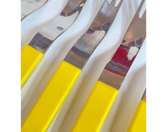 RARE Vintage Norway 18-8 Stainless Steel Appetizer Forks Yellow MCM Set of 5
