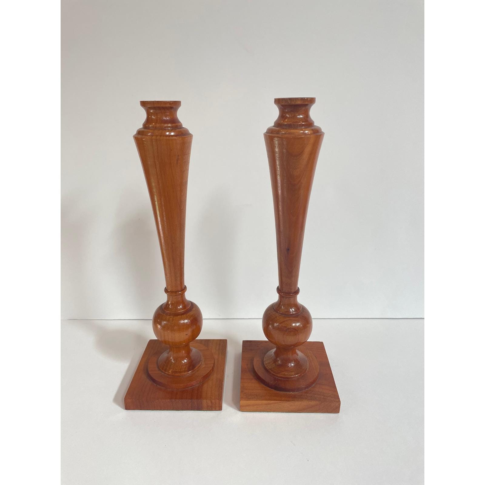 Vintage Cherry Wood Candlestick Holders Pair Turned Wood Taper Holders ...
