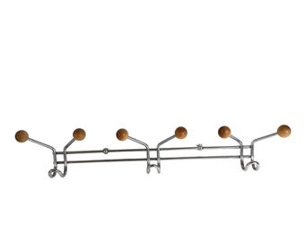 MCM Chrome Wall Coat Rack 6 Wood Ball Hooks Entryway Organizer 22in