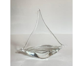 Vintage MCM Clear Art Glass Sailboat Sculpture  8.5"