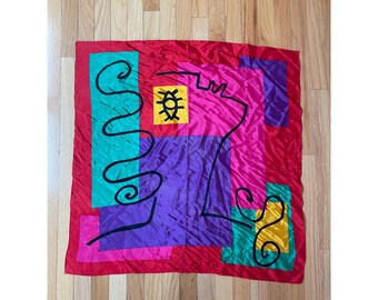 Vintage Echo Silk Scarf Abstract Pop Art Face Geometric Red Pink 30" Square