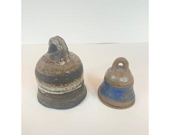 Vintage Art Studio Pottery Bells Set of 2 Handcrafted Stoneware Blue Brown