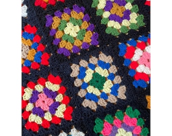 Vintage Handmade Crochet Granny Square Afghan Blanket Multi-Color Black 62x48