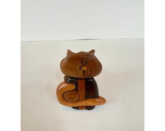 Vintage Handcrafted Wooden Inlay Cat Doorstop Wedge Figurine Home Decor