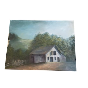 May include: Oil painting of a rural landscape featuring a white barn with a gray roof and a wooden fence. The painting has a muted color palette with shades of green, brown, and blue, evoking a sense of tranquility.