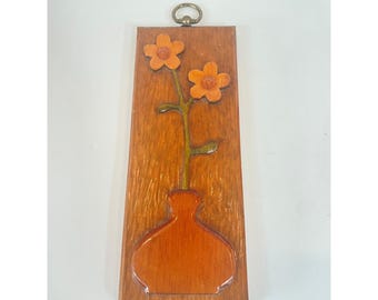 Vintage Hand Carved Wood Floral Wall Plaque Mid Century Modern Flower Art