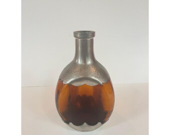 Vintage Amber Glass Decanter Hammered Metal Overlay Scalloped Bottle Brutalist