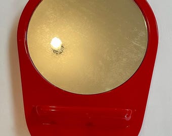 RARE 19" H POSS Danish Space Age Mirror w/ hooks, red plastic, 1960's, 1970's