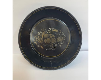Duża okrągła blaszana misa w kolorze czarno-złotym, ręcznie malowana, duża, vintage Toleware
