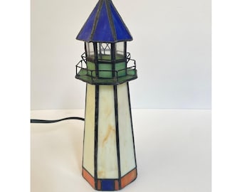 Vintage Stained Glass Lighthouse Accent Lamp Nautical Night Light 10"