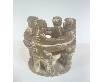 Vintage Clay Pottery Circle of Friends 4 Figure Candle Holder 7"