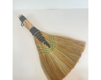 Vintage Style Handcrafted Natural Straw Whisk Broom Black Twine Green Stitching