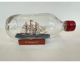 Vintage St Thomas VI Ship in a Bottle NauticalThree Masted Schooner on stand