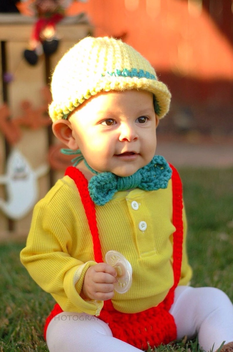 Crochet Disney/'s Pinocchio Outfit hat, diaper cover wsuspenders, a bow-tie and booties