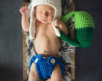 Crochet Adventure Time Finn the Human outfit (included in a beanie/hat, a diaper cover and a backpack)