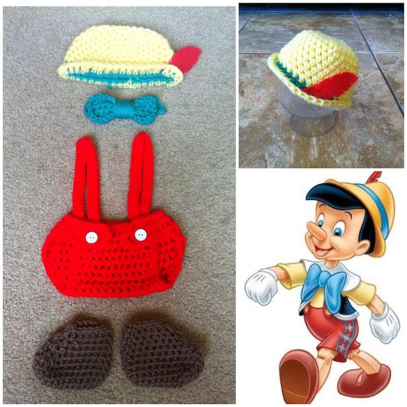 Crochet Disney/'s Pinocchio Outfit hat, diaper cover wsuspenders, a bow-tie and booties