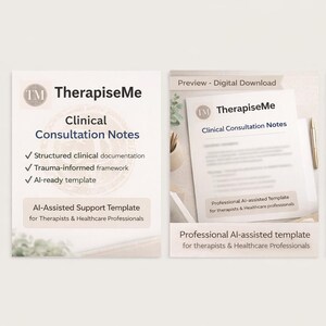 Può includere: Tre immagini che mostrano un download digitale per terapisti. La prima immagine è un volantino con il testo "TherapiseMe Clinical Consultation Notes". La seconda immagine è un'anteprima delle note. La terza immagine mostra le note su un tablet.
