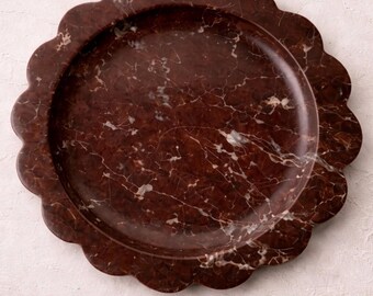Burgundy Marble Round Scallop Tray | Luxury Stone Catchall | Jewellery & Vanity Dish