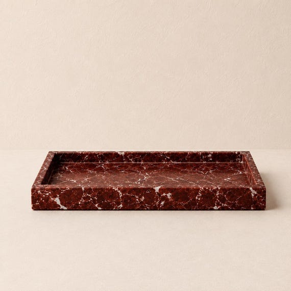Large Burgundy Marble Serving Tray | Polished Stone Coffee Table Decor