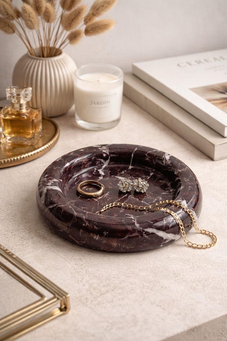 Dark Marble Tray | handmade Luxury Stone Catchall | Jewellery & Vanity Dish | Rosso Levanto dish image 1