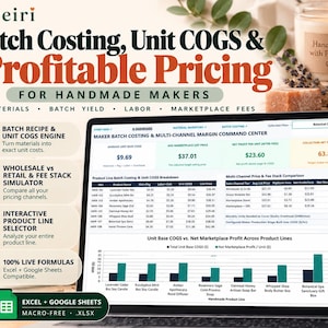May include: A digital spreadsheet interface titled Batch Costing, Unit COGS & Profitable Pricing for Handmade Makers displayed on a laptop screen. The dashboard features data tables, financial metrics, and a bar chart comparing unit costs and profits.