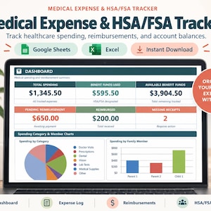 Può includere: Un tracker digitale per spese mediche e HSA/FSA visualizzato sullo schermo di un portatile. La dashboard mostra dati finanziari tra cui spese totali, fondi utilizzati e disponibili, insieme a un grafico a torta e a barre per l'analisi.