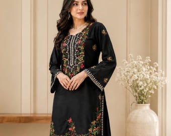 Black Rayon Kurti With Farshi Shalwar With Heavy Thread Work, Pakistani Wedding Guest Dress , Casual And Party Wear For Women , S to 3XL