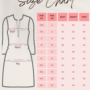 May include: A Rangsaari size chart featuring a line drawing of a dress with labeled bust, waist, and hip lines. A table displays US and UK sizes alongside measurements in inches for bust, waist, and hips, ranging from XXS to 5XL. Note text included.