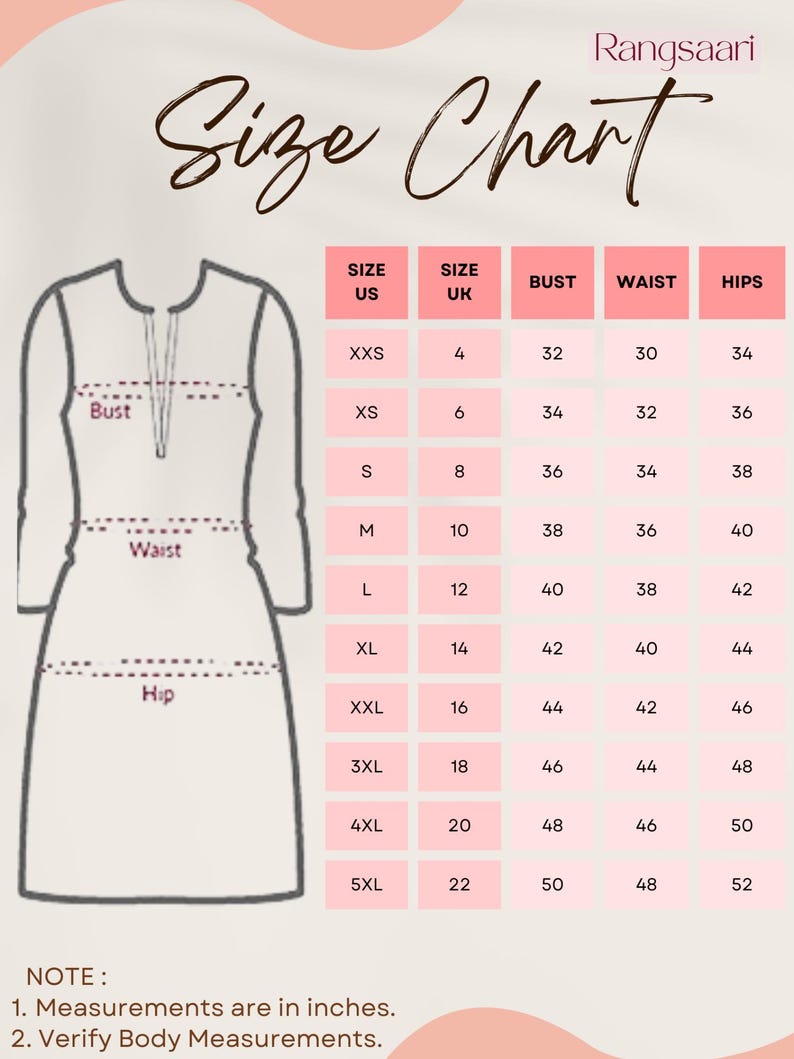 May include: A Rangsaari size chart featuring a line drawing of a dress with labeled bust, waist, and hip lines. A table displays US and UK sizes alongside measurements in inches for bust, waist, and hips, ranging from XXS to 5XL. Note text included.