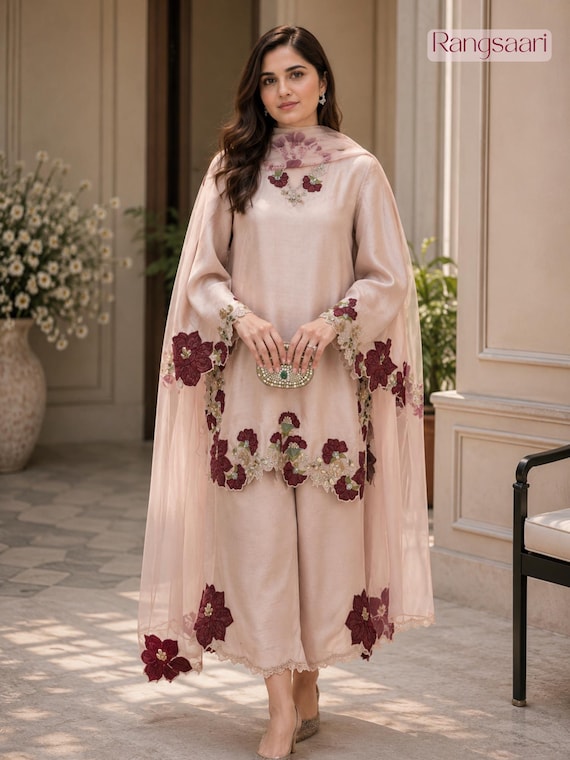 Blush Pink Farshi Shalwar Kameez Set, Pakistani Wedding Guest Dress, Silk Kurta with Georgette Dupatta, Party Wear Suit For Women, S to XXL