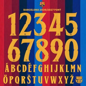 May include: A digital display of the Barcelona 2026/2027 font featuring gold numbers zero through nine and the alphabet in capital letters. Each character has a dotted texture and a small FC Barcelona crest at the base, set against a striped background.