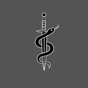 May include: A black and white illustration of a sword with a snake wrapped around it, set against a grey background. The snake has a forked tongue and is coiled around the sword's blade.