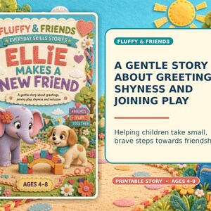 May include: A children's book cover titled Fluffy & Friends Everyday Skills Stories: Ellie Makes a New Friend. The illustration features a purple elephant and a brown and white puppy playing with colorful blocks. Text includes Ages 4-8.