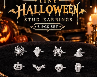 May include: A set of eight silver-toned stud earrings featuring Halloween-themed shapes including a spider, ghost, spiderweb, witch hat, jack-o'-lantern, bat, skull, and coffin. The text TINY HALLOWEEN STUD EARRINGS 8 PCS SET is displayed above.