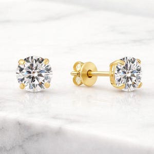 14k Yellow Gold Solitaire Round Cubic Zirconia Stud Earrings in Push-backs, Sleeper Cz Studs, Unisex, By DASNJEWELS