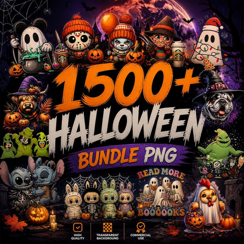 May include: A digital illustration featuring a collection of Halloween-themed characters and objects. The image includes the text "1500+ Halloween Bundle PNG" in orange and white. Various cartoon characters are dressed in Halloween costumes, surrounded by pumpkins and candles.
