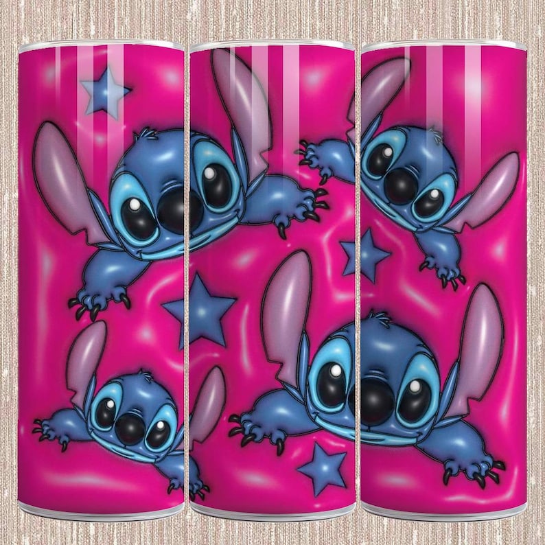 May include: A tumbler featuring a vibrant design of the character Stitch from the animated film Lilo & Stitch. The design includes multiple images of Stitch in blue, set against a pink background with blue stars.