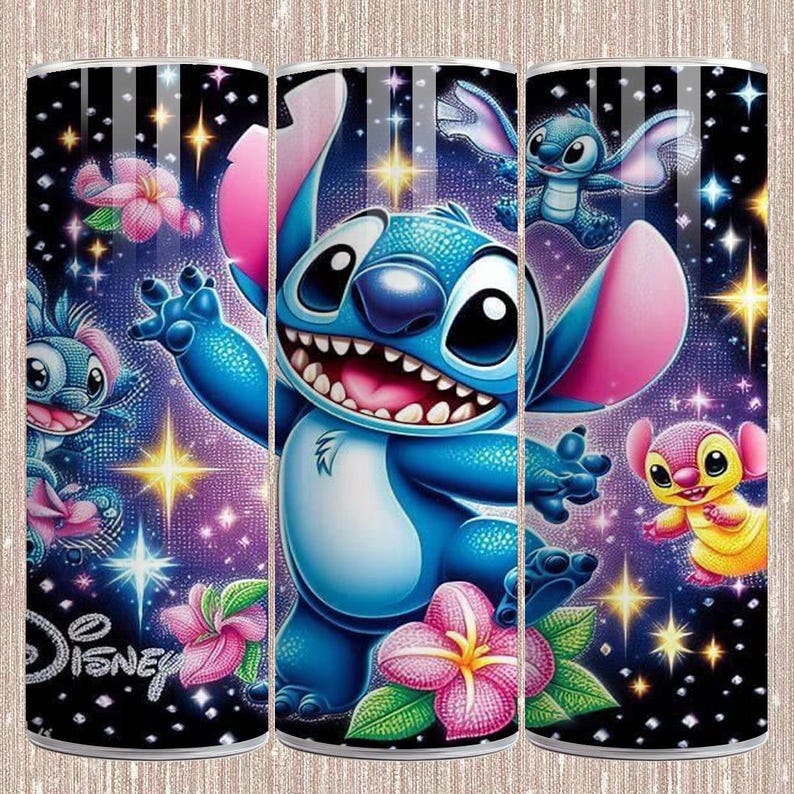 May include: A tumbler featuring the character Stitch from Disney's Lilo & Stitch. The design includes Stitch in various poses, surrounded by pink flowers, stars, and the Disney logo. The background is a mix of black, purple, and blue.