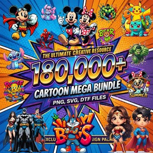 Op de afbeelding: Een kleurrijke afbeelding met tekenfilmfiguren zoals Mickey en Minnie Mouse, Stitch en superhelden. De afbeelding bevat de tekst "180.000+ Cartoon Mega Bundle" met PNG-, SVG- en DTF-bestanden, en de woorden "The Ultimate Creative Resource".