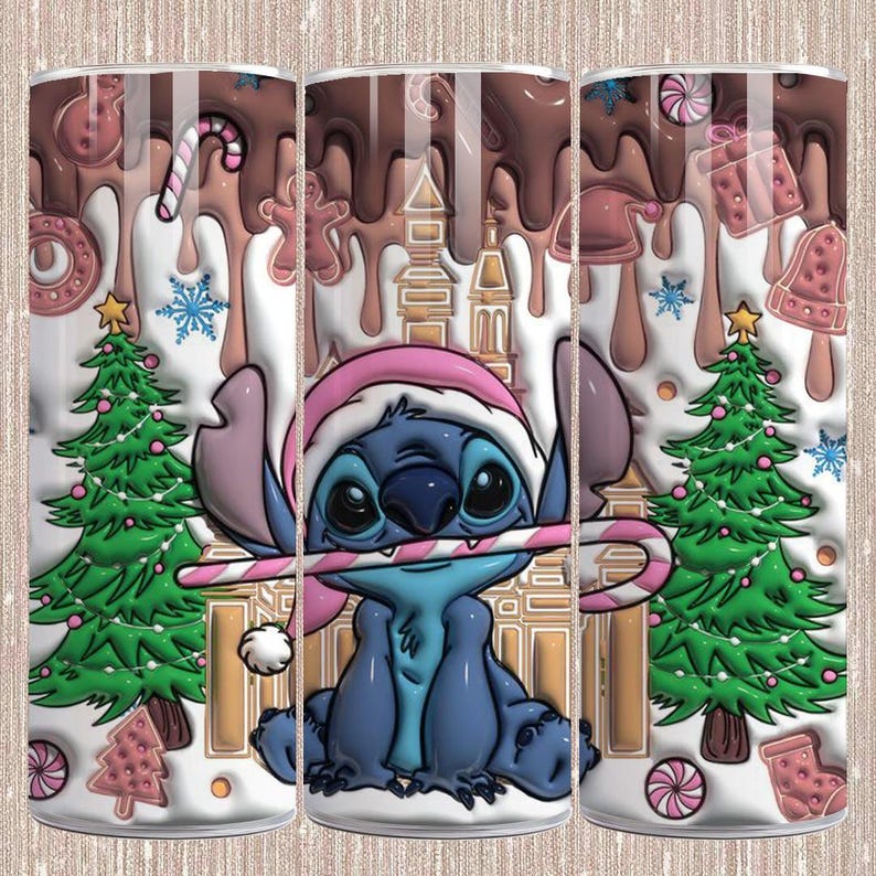 May include: A tumbler featuring a blue cartoon character wearing a Santa hat and holding a candy cane. The design includes Christmas trees, gingerbread cookies, and dripping chocolate, with a white background and pink accents.